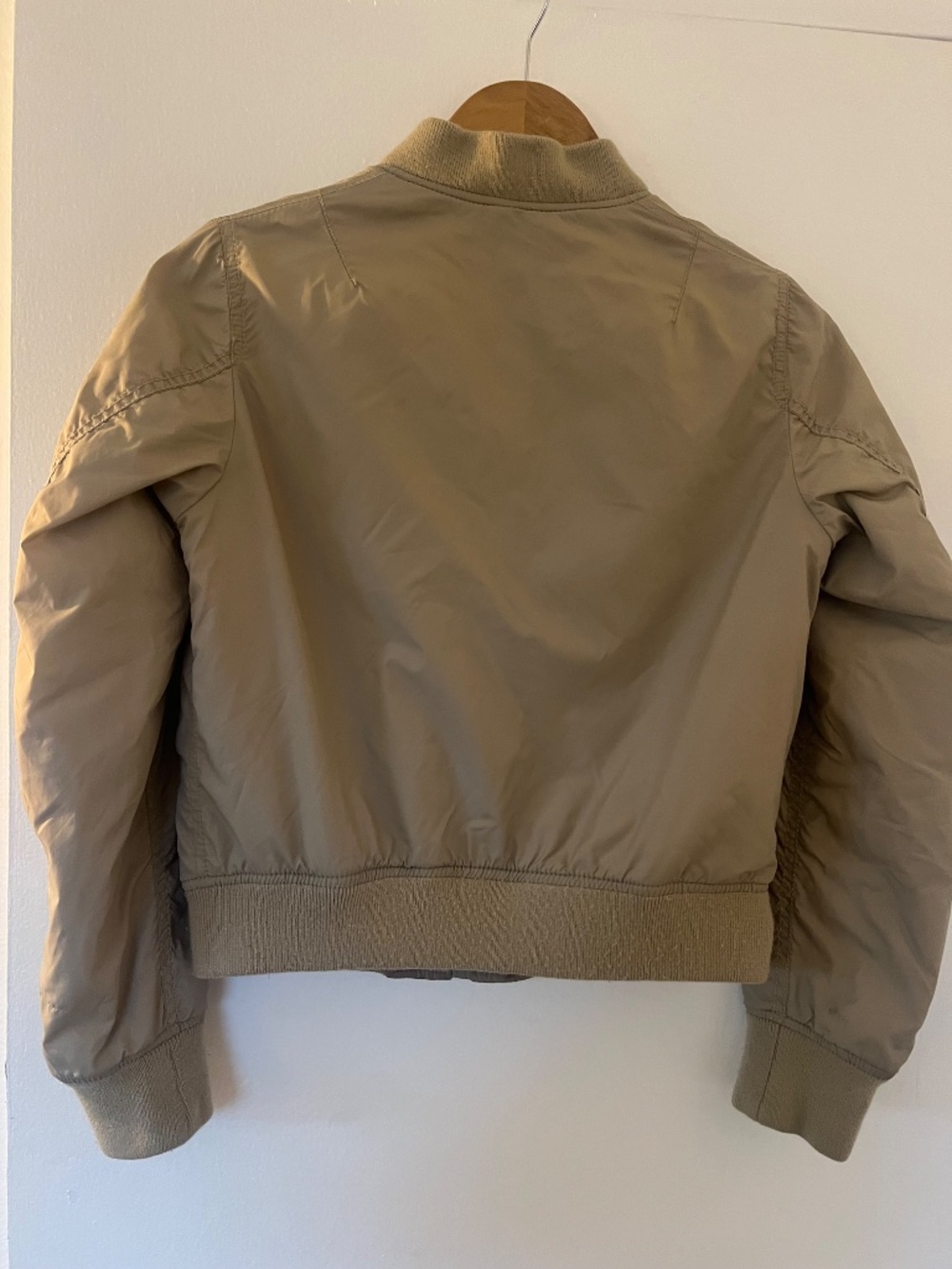 Uniqlo Tan Khaki Bomber Jacket XS Ribbed Collar Zip Up Cropped Utility Coat - Picture 5 of 5